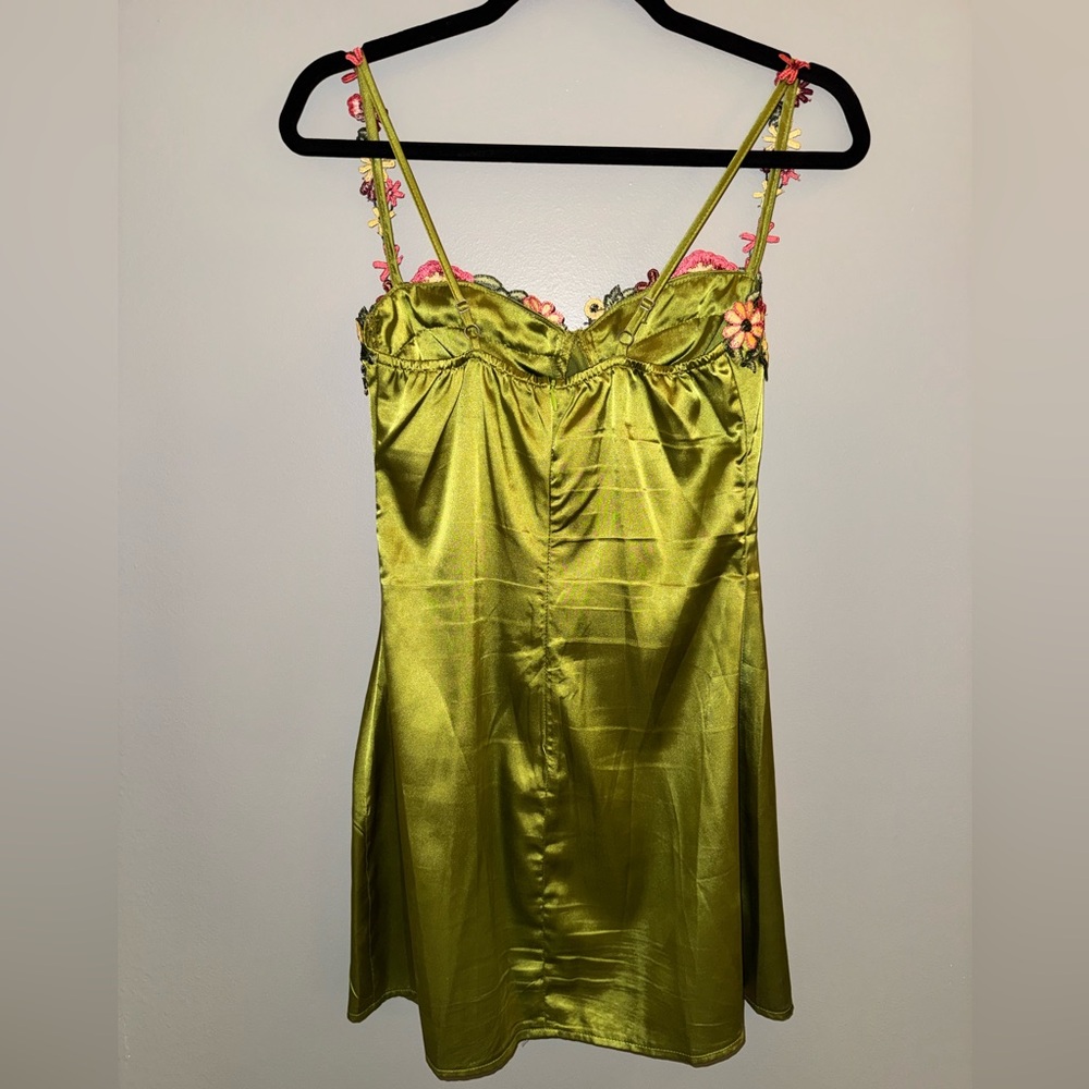 Olive Green Satin Slip Dress with Floral Embroidered Straps - Picture 2 of 2